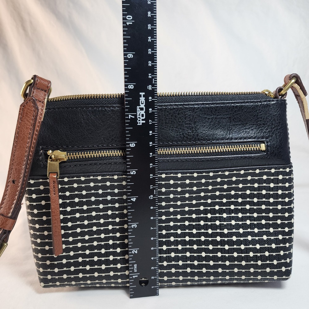 Fossil Fiona Leather Canvas Crossbody Bag Black Brown Zip Top Adjustable Strap - Picture 11 of 14